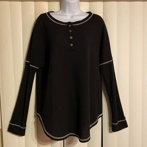 Black Button Neck Waffle Long Sleeve w/White Trim